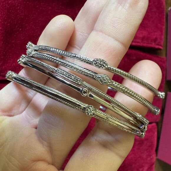 Set of 5 Affinity Diamond Sterling Silver Bangle Bracelets 925 Vintage 8 Inch - Picture 1 of 15